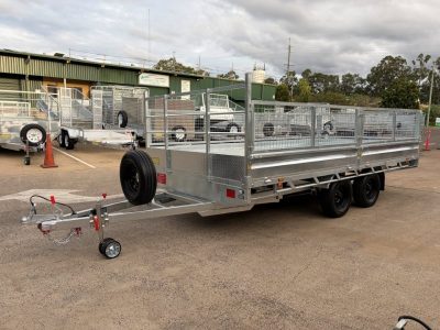 16 x 8 Â ft Extra Heavy Duty Flat Deck Trailer with Loading Ramps and Cage ATM 3.5 tonne or 4.4 tonne